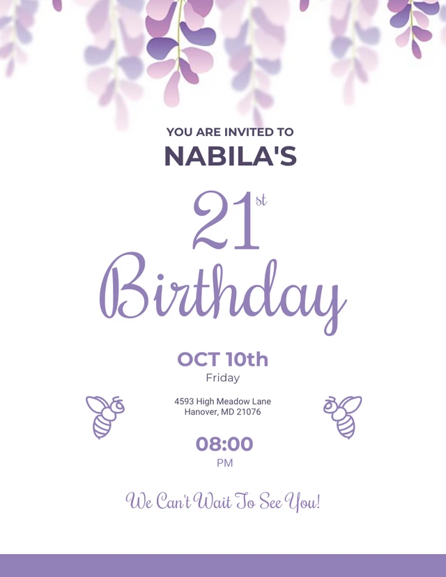 White And Purple Modern Aesthetic 21st Birthday Invitation Template