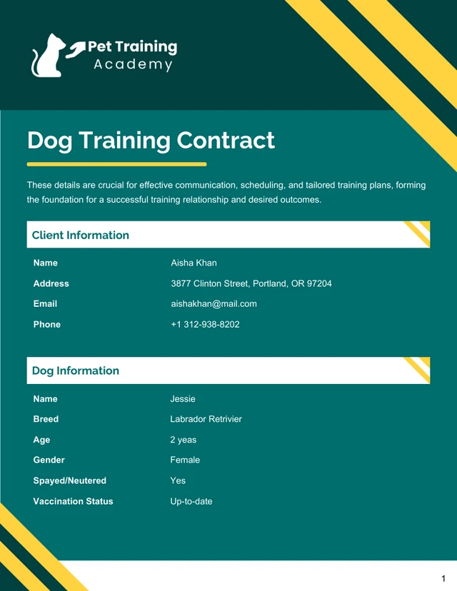 Dog Training Contract Template - Page 1