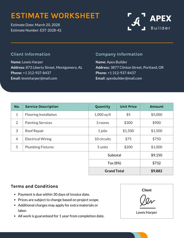 Estimate Worksheet Template