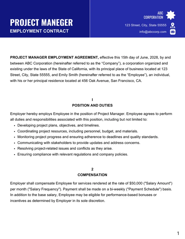 Project Manager Employment Contract Template - Page 1