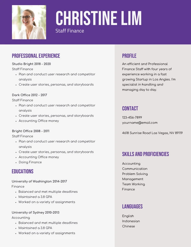 Light Grey And Purple Modern Professional Finance Resume Template
