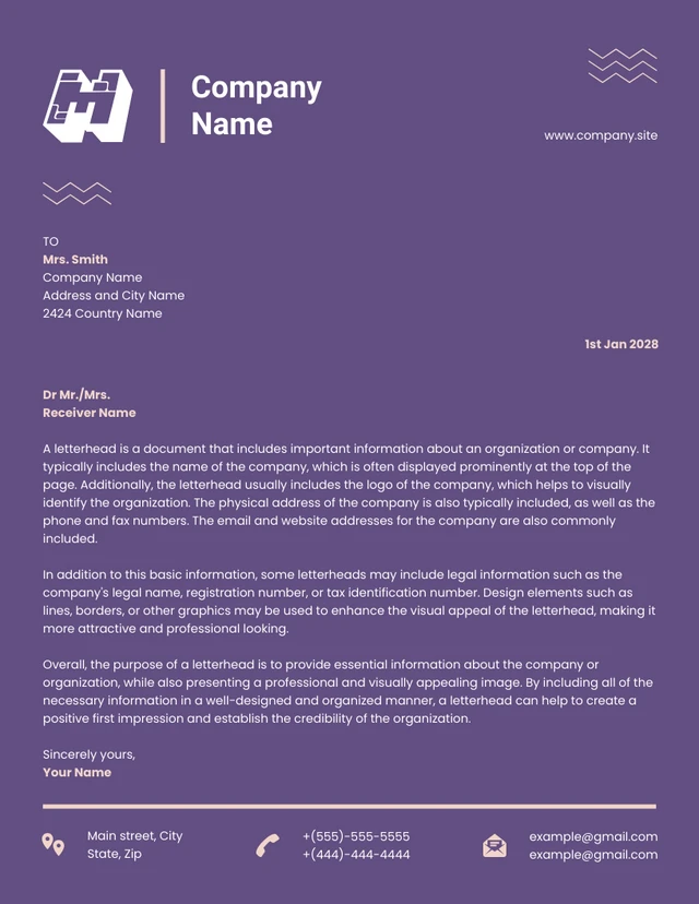 Purple Minimalist Cool Letterhead Template
