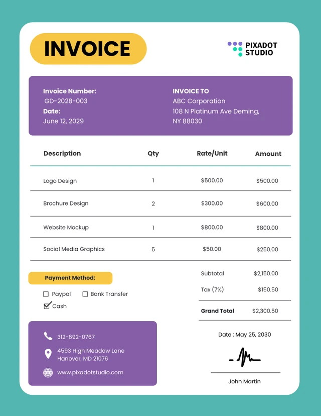 Green and Purple Graphic Design Invoice Template