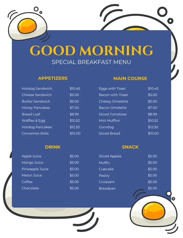 White And Blue Minimalist Illustration Breakfast Menu Template