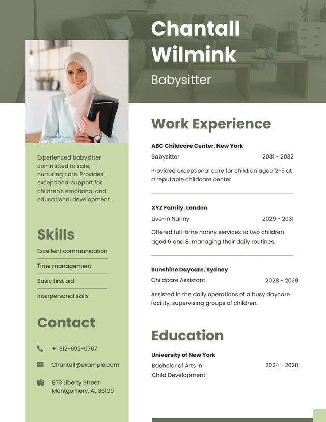 Simple Green White Babysitter Resume Template