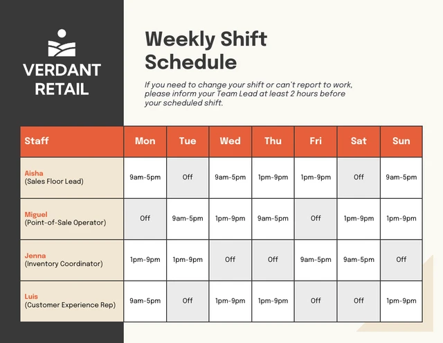 Weekly Staff Shift Schedule Table Chart Template Weekly Staff Shift Schedule Table Chart Template