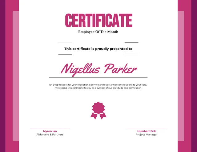 Fushia Minimalist Employee-Of-The-Month Certificate Template