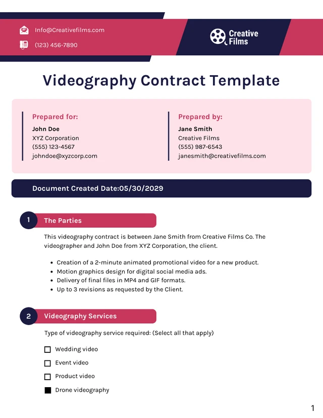 Drone Videography Contract Template - Page 1