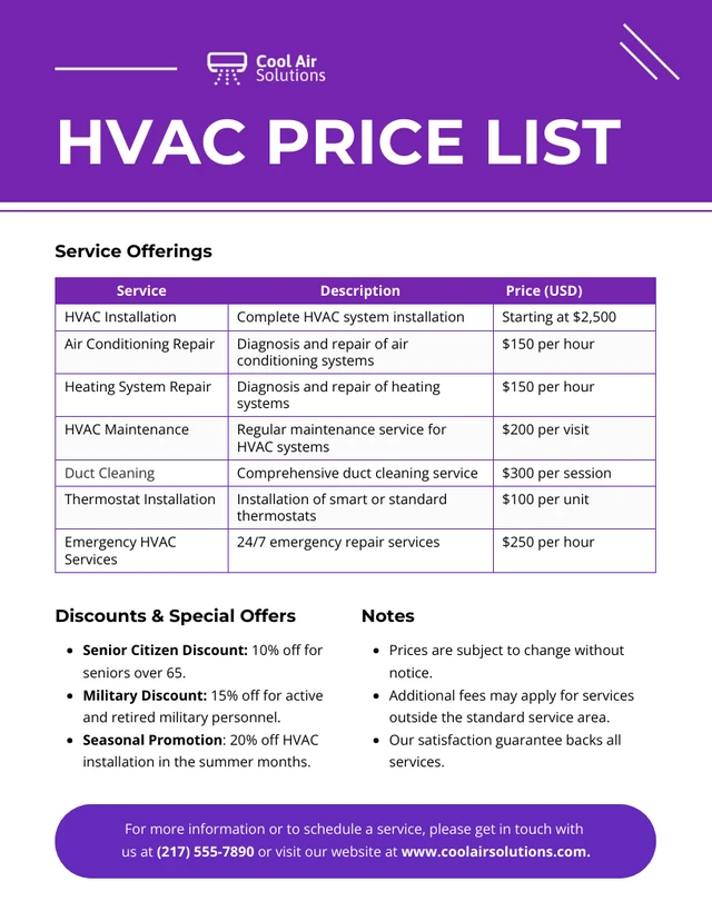 Hvac Price List Template