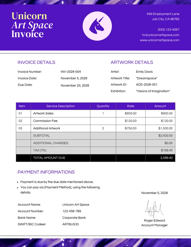 Modern Fun Purple Aesthetic Artist Invoice Template