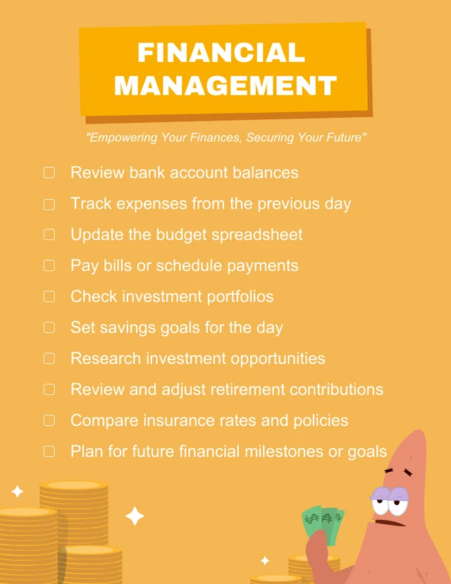 Yellow Monochrome Simple Illustration Financial Management Daily Checklist Template