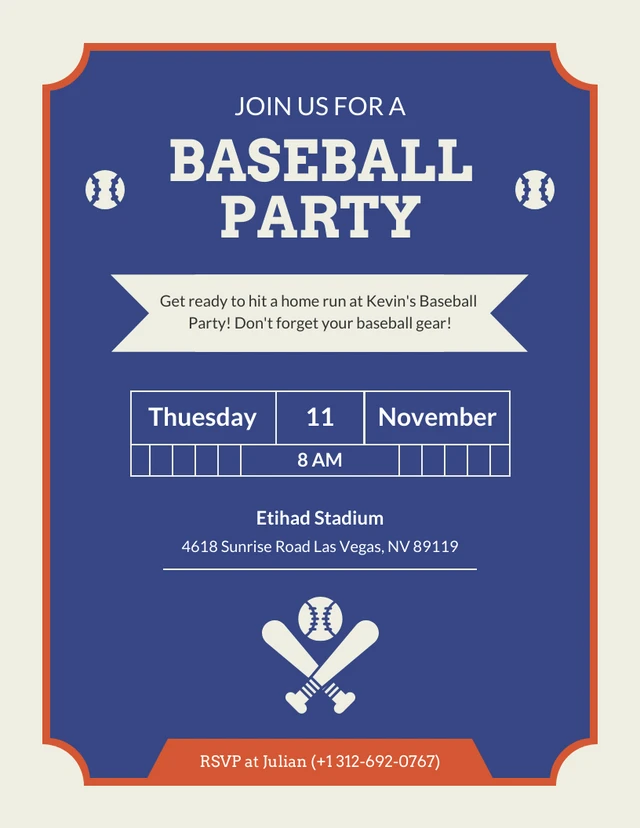 Fun Blue And Orange Baseball Party Invitation Template