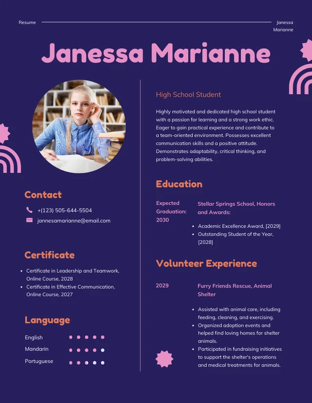 Purple Pink and Orange Scholarship Resume Template