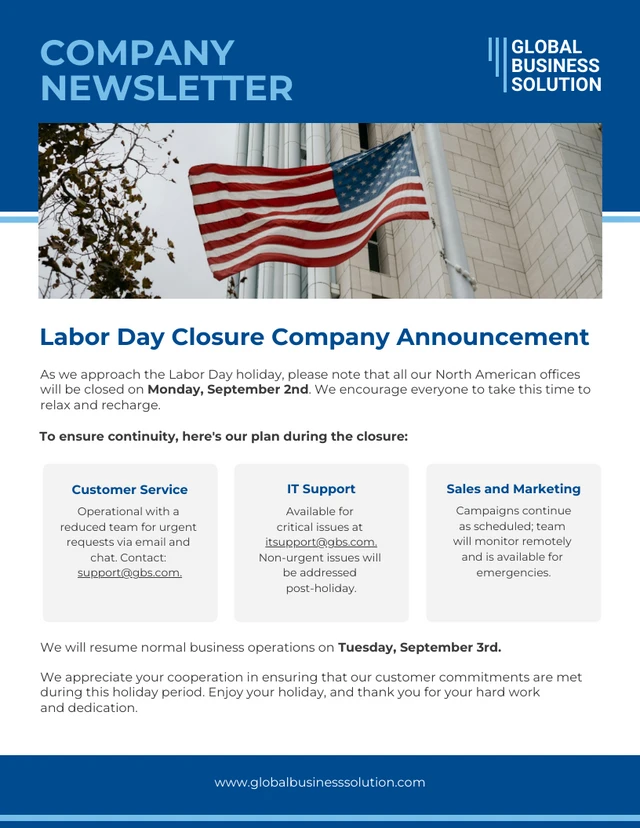 Labor Day Operational Closure Email Newsletter Template