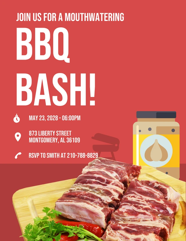 Red Simple Modern Minimalist Beef BBQ Invitation Template