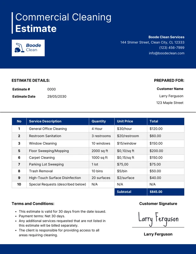 Commercial Cleaning Estimate Template