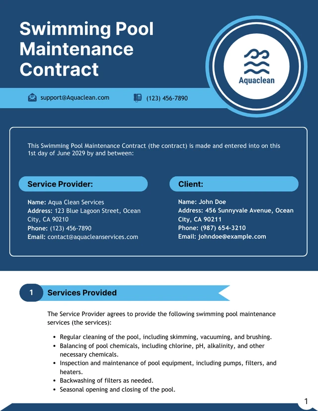 Swimming Pool Maintenance Contract Template - Page 1