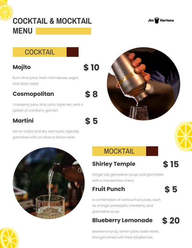 Grey and yellow simple cocktail menu Template