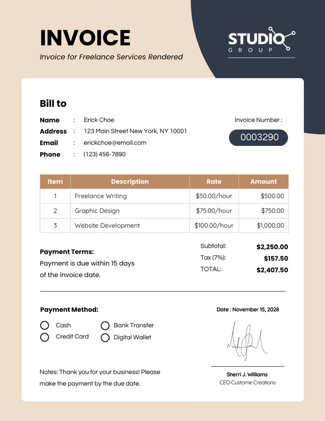 Dark Blue and Brown Freelance Invoice Template