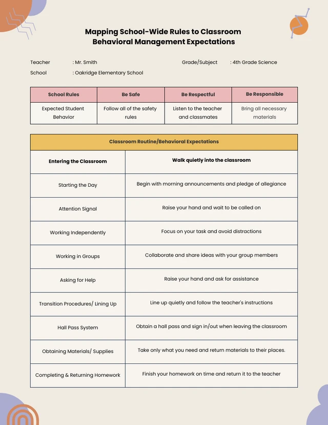 Fun and Colorful Elementary School Classroom Management Plan Template