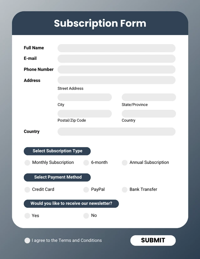 Dark Blue Subscription Form Template