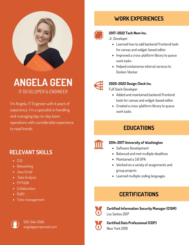 White And Orange Minimalist Professional IT Resume Template
