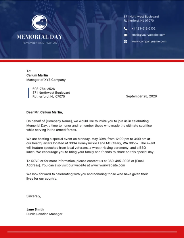 Blue And Red Memorial Day Letterhead
