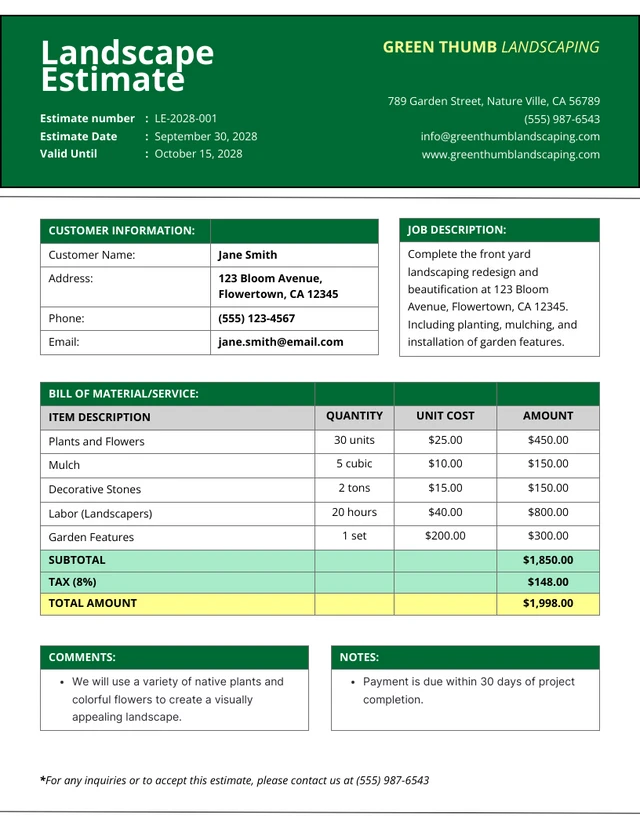 Modern Clean Forest Green Landscape Estimate Template