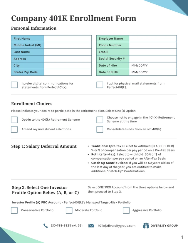 Company 401K Enrollment Form - Page 1