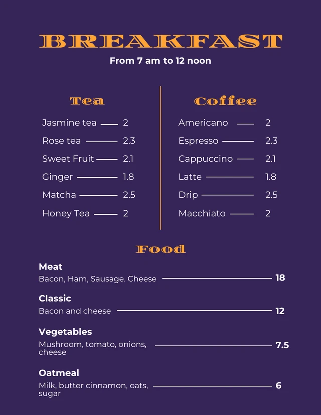 Dark Purple And Orange Modern Breakfast Menu Template