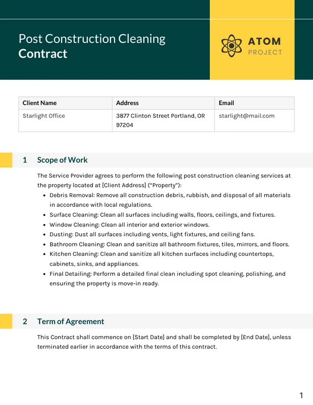 Post Construction Cleaning Contract Template - Page 1