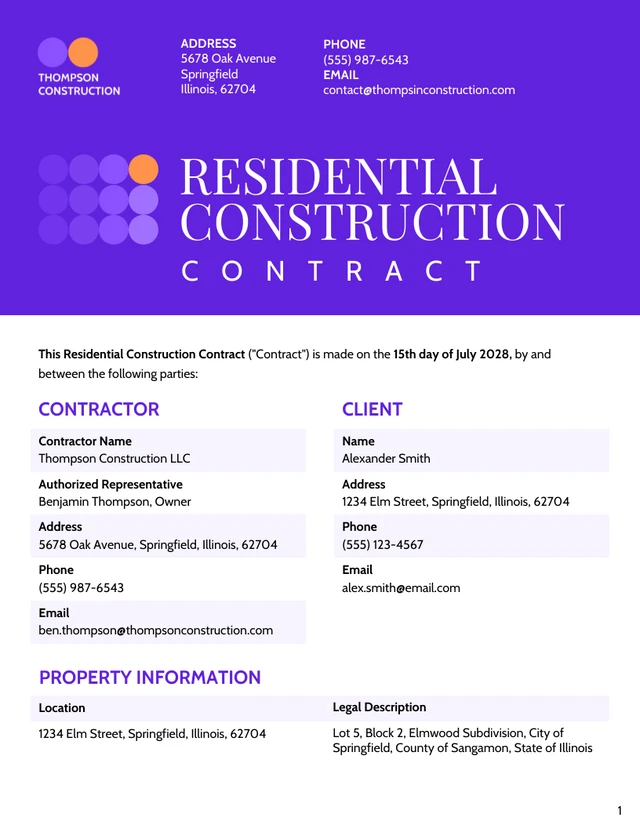 Residential Construction Contract Template - Page 1