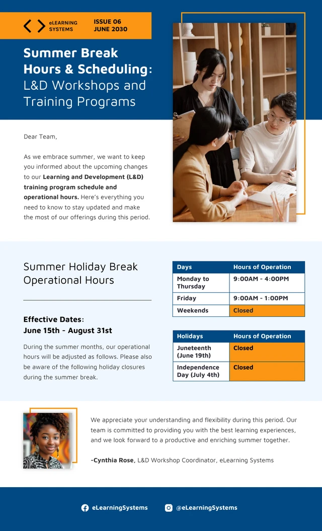 Summer Break Operating Hours Email Newsletter