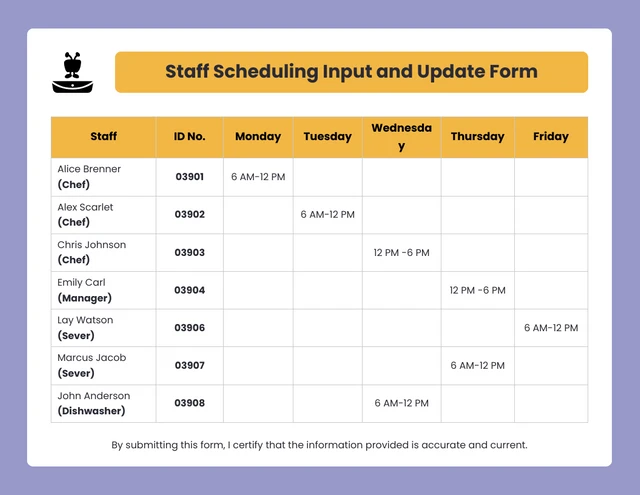 Yellow and Purple Employe Schedule Form Template