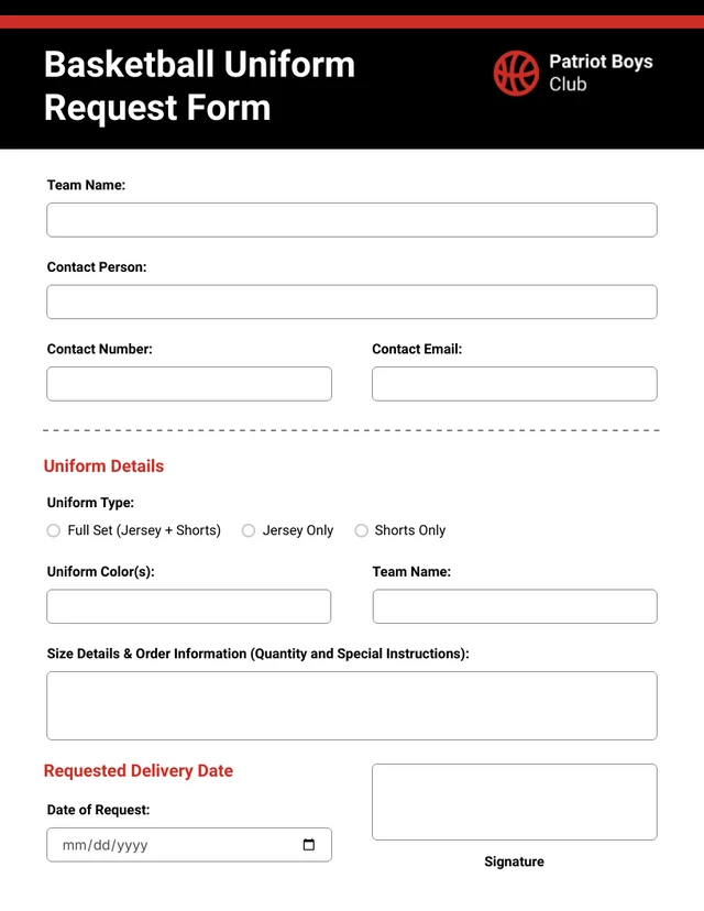 Uniform Request Form Template